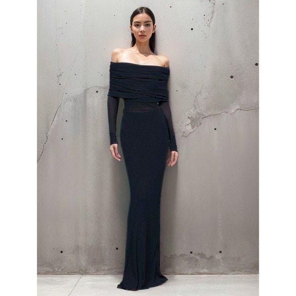 Commense Semi-Sheer Off-Shoulder Mesh Black Maxi  Long Sleeve size XS‎ - Picture 3 of 7